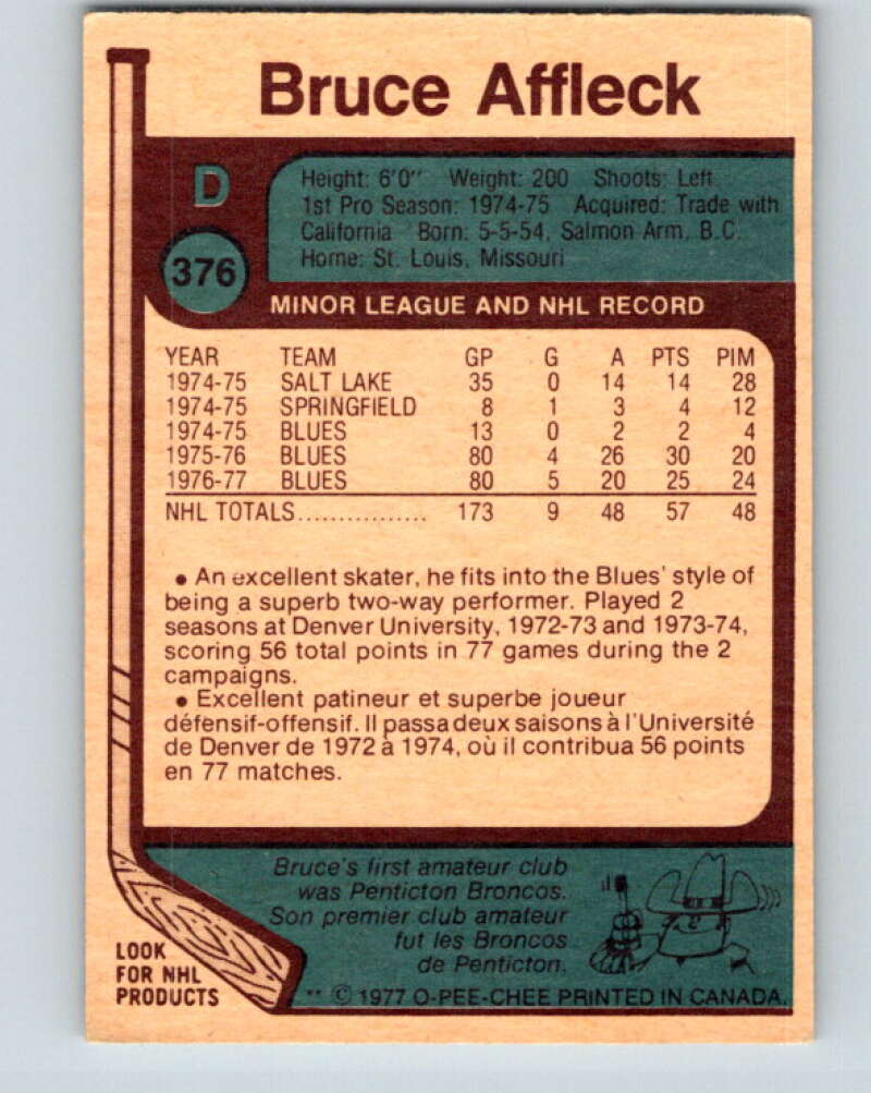 1977-78 O-Pee-Chee #376 Bruce Affleck St. Louis Blues V15680