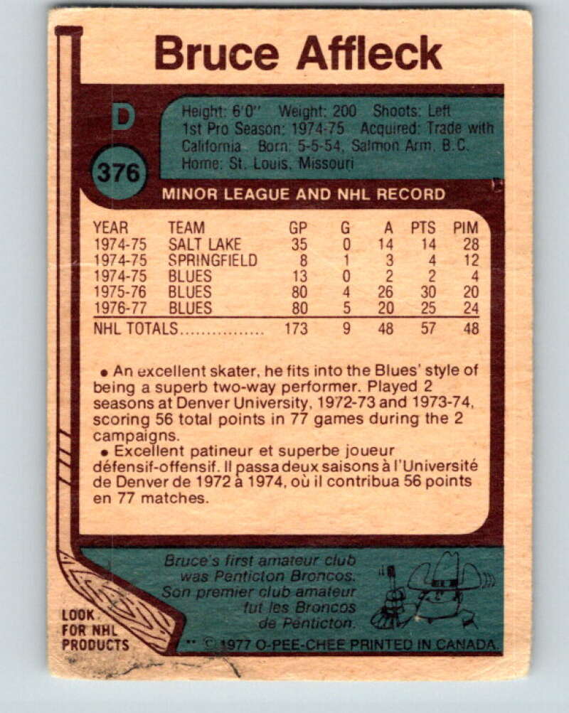 1977-78 O-Pee-Chee #376 Bruce Affleck St. Louis Blues V15682