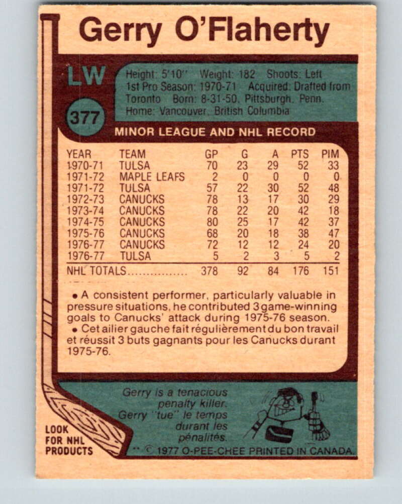 1977-78 O-Pee-Chee #377 Gerry O'Flaherty Vancouver Canucks V15684
