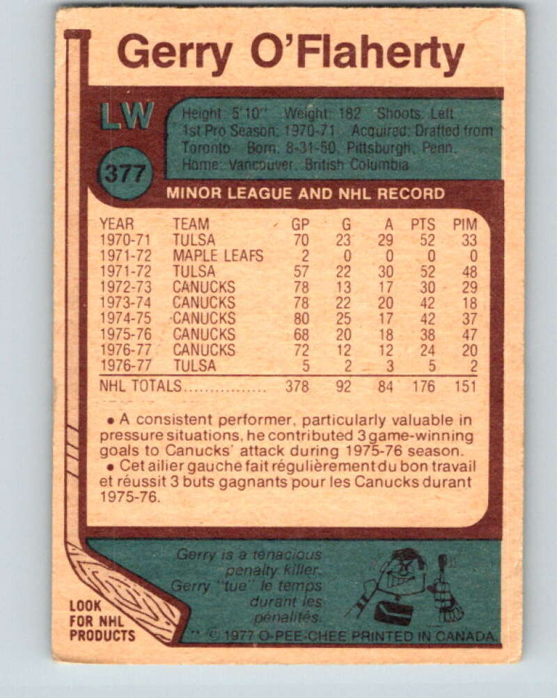 1977-78 O-Pee-Chee #377 Gerry O'Flaherty Vancouver Canucks V15689