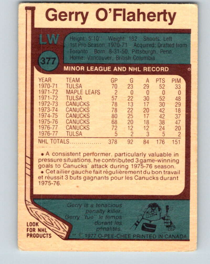 1977-78 O-Pee-Chee #377 Gerry O'Flaherty Vancouver Canucks V15690