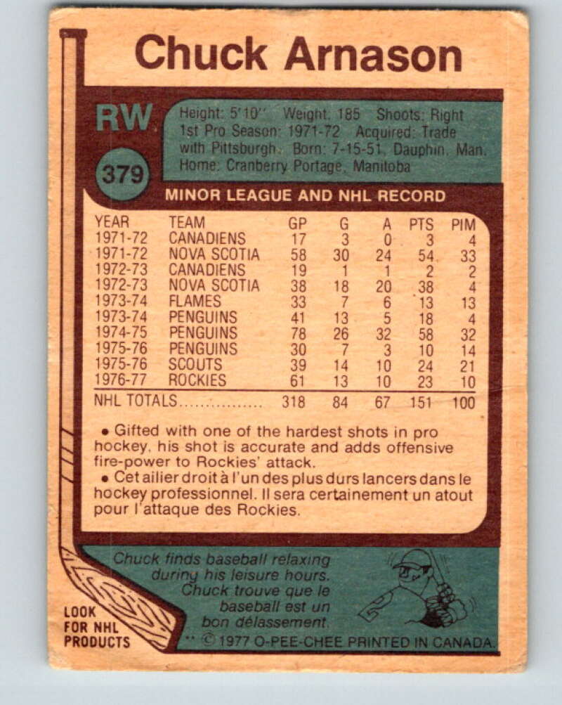 1977-78 O-Pee-Chee #379 Chuck Arnason Colorado Rockies V15704