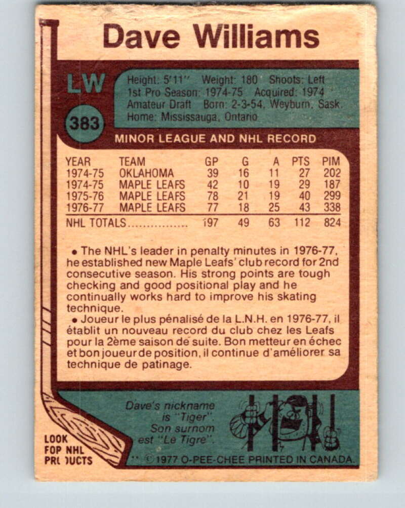 1977-78 O-Pee-Chee #383 Tiger Williams Toronto Maple Leafs V15729