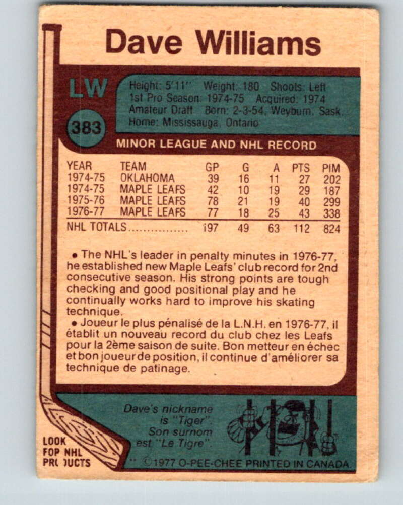 1977-78 O-Pee-Chee #383 Tiger Williams Toronto Maple Leafs V15730