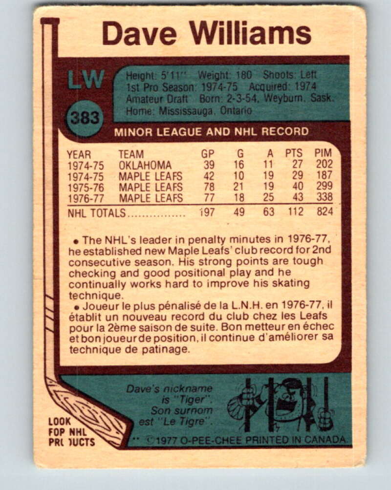 1977-78 O-Pee-Chee #383 Tiger Williams Toronto Maple Leafs V15732
