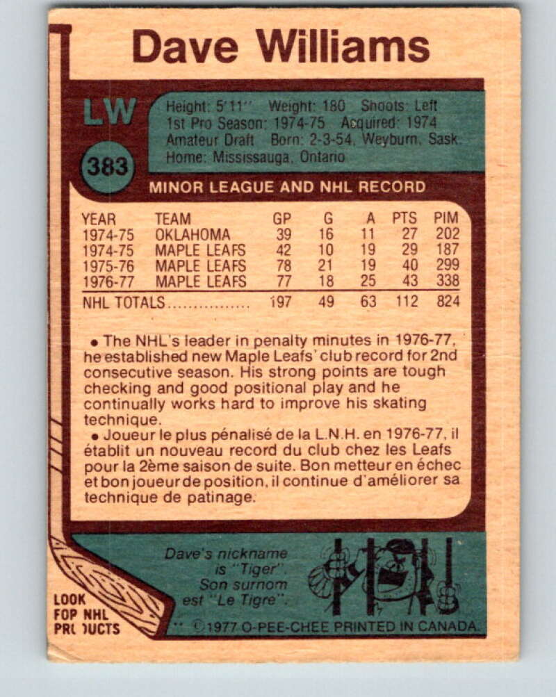 1977-78 O-Pee-Chee #383 Tiger Williams Toronto Maple Leafs V15733