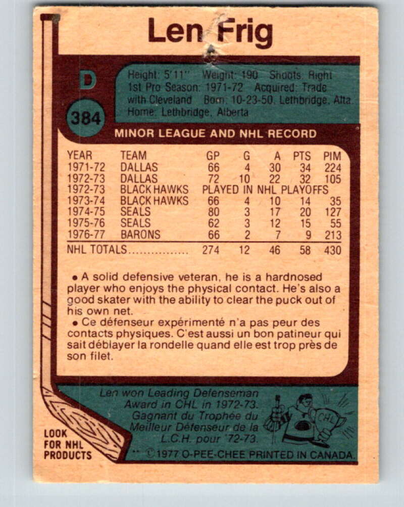1977-78 O-Pee-Chee #384 Len Frig St. Louis Blues V15736
