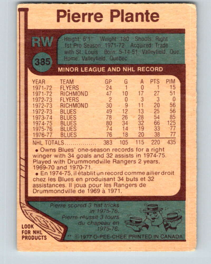 1977-78 O-Pee-Chee #385 Pierre Plante Chicago Blackhawks V15739