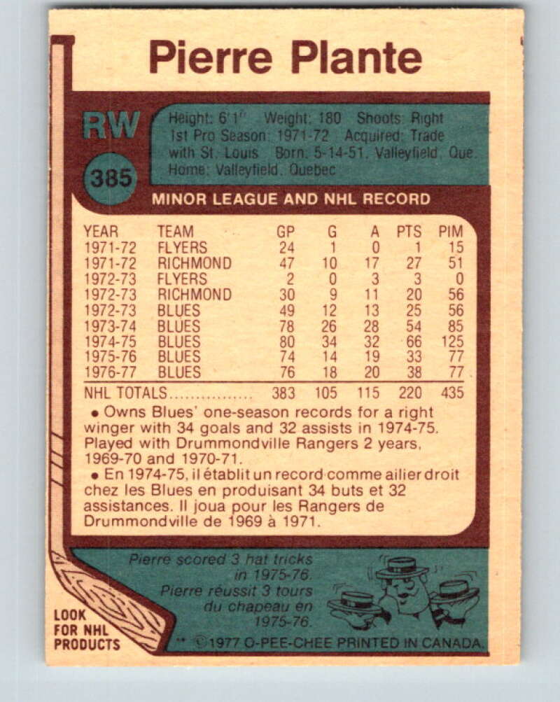 1977-78 O-Pee-Chee #385 Pierre Plante Chicago Blackhawks V15741