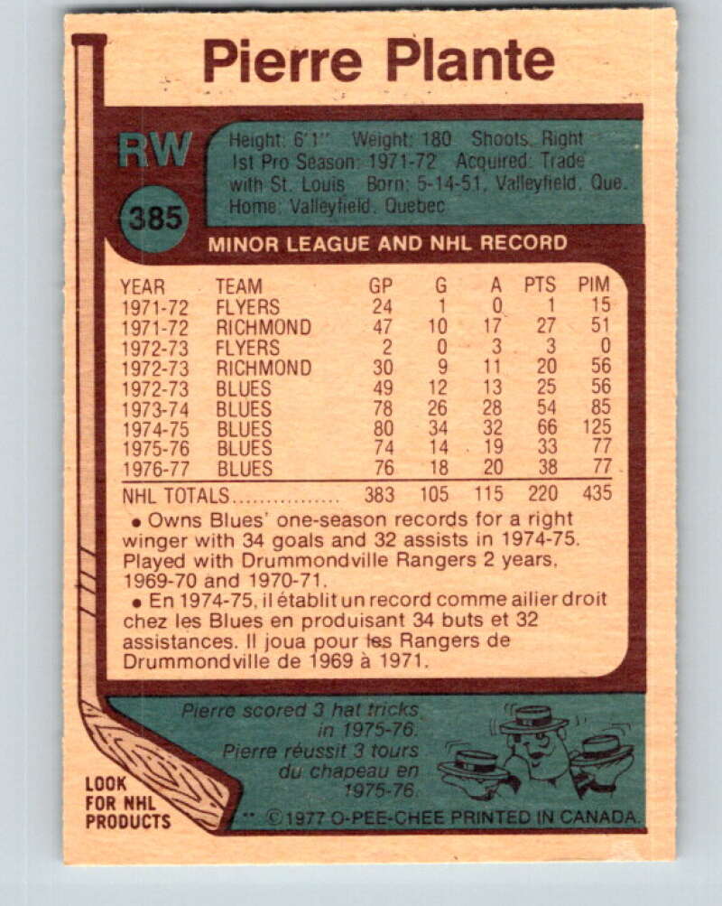 1977-78 O-Pee-Chee #385 Pierre Plante Chicago Blackhawks V15742