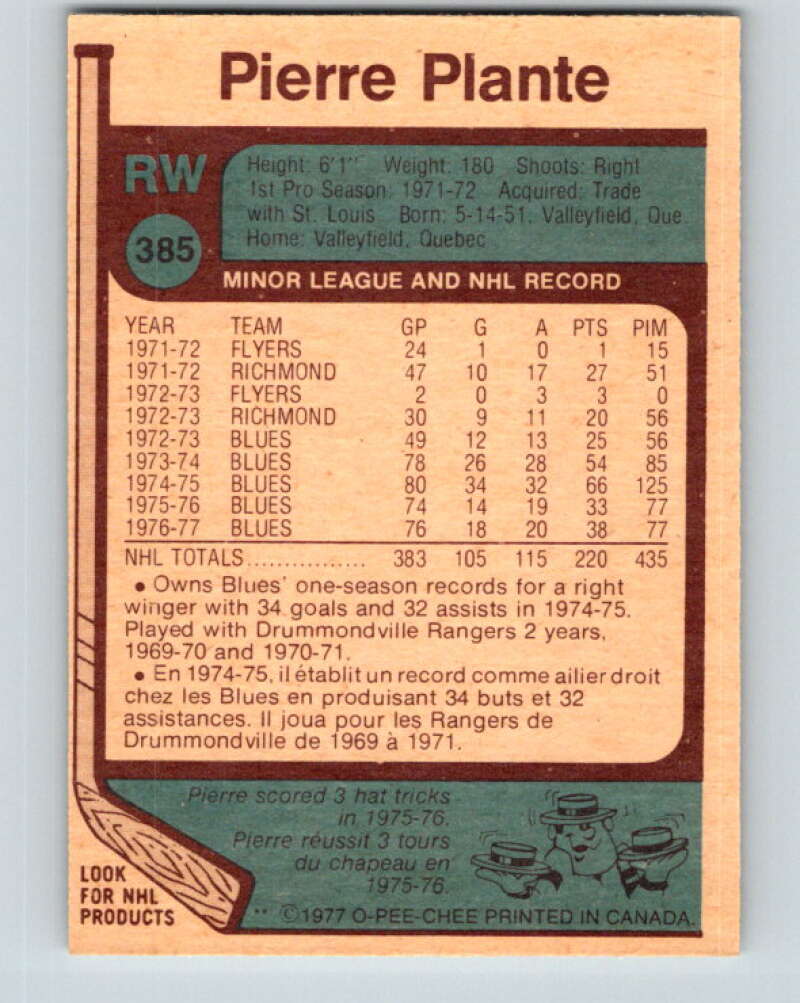 1977-78 O-Pee-Chee #385 Pierre Plante Chicago Blackhawks V15744