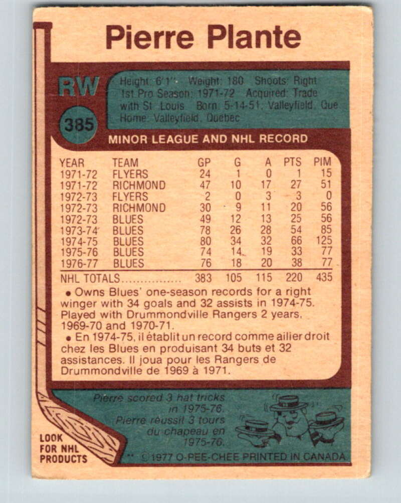1977-78 O-Pee-Chee #385 Pierre Plante Chicago Blackhawks V15746