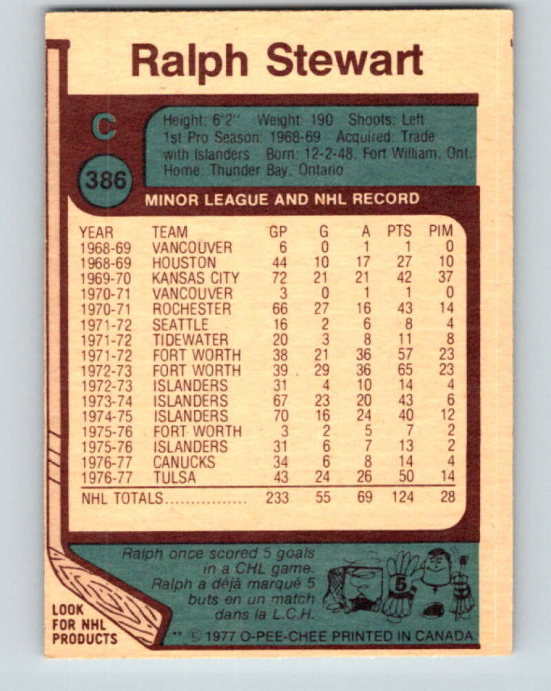1977-78 O-Pee-Chee #386 Ralph Stewart Vancouver Canucks V15747