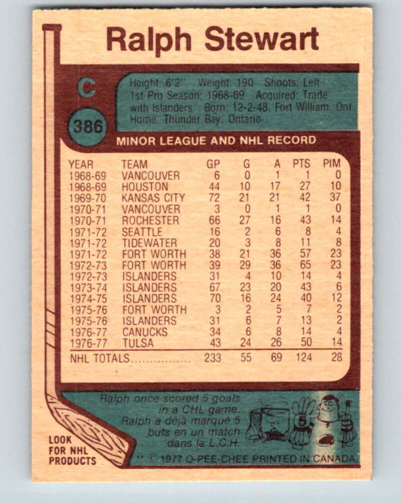 1977-78 O-Pee-Chee #386 Ralph Stewart Vancouver Canucks V15748