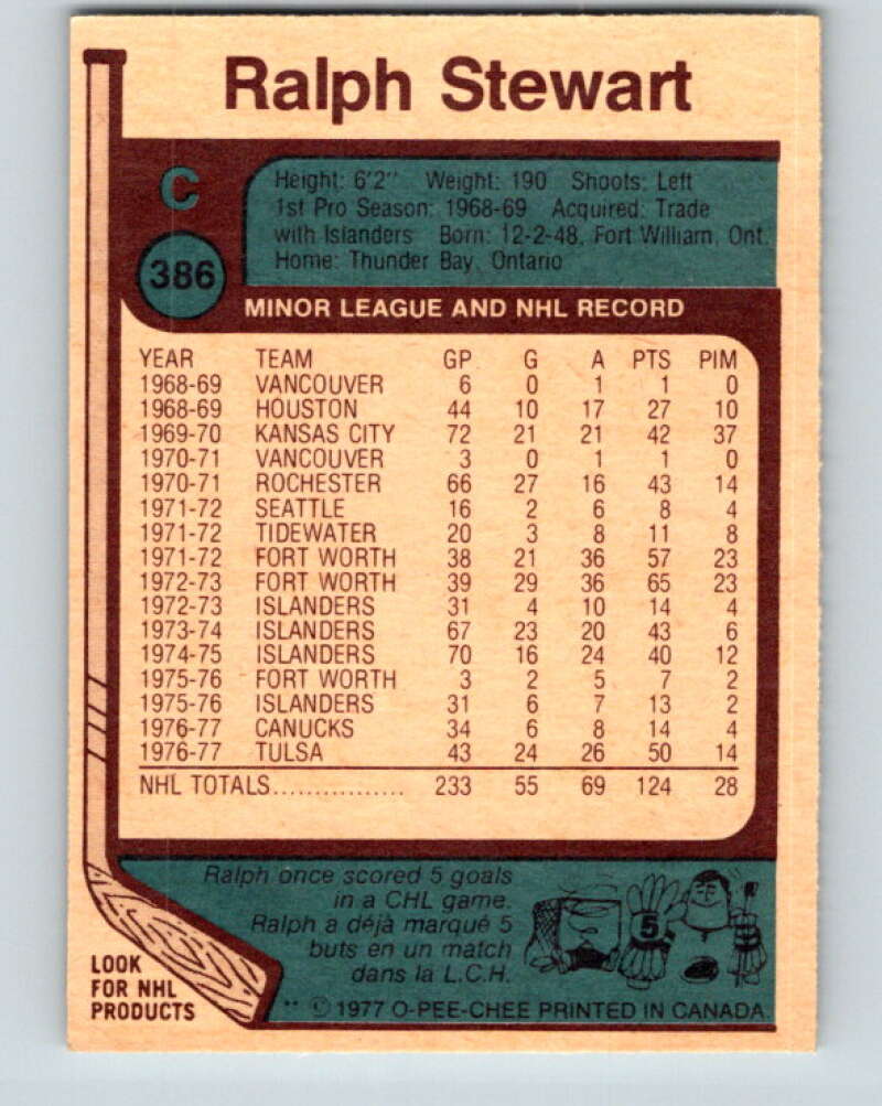 1977-78 O-Pee-Chee #386 Ralph Stewart Vancouver Canucks V15749