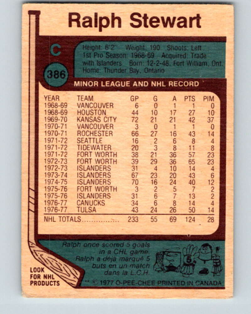 1977-78 O-Pee-Chee #386 Ralph Stewart Vancouver Canucks V15751