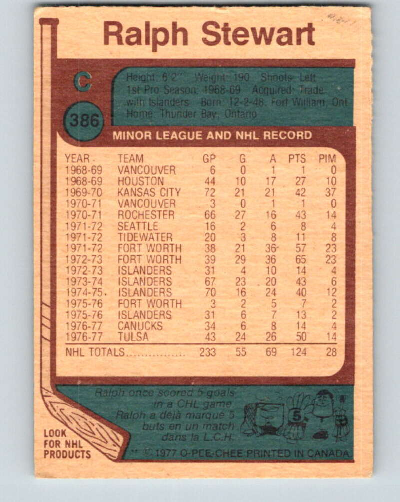 1977-78 O-Pee-Chee #386 Ralph Stewart Vancouver Canucks V15752