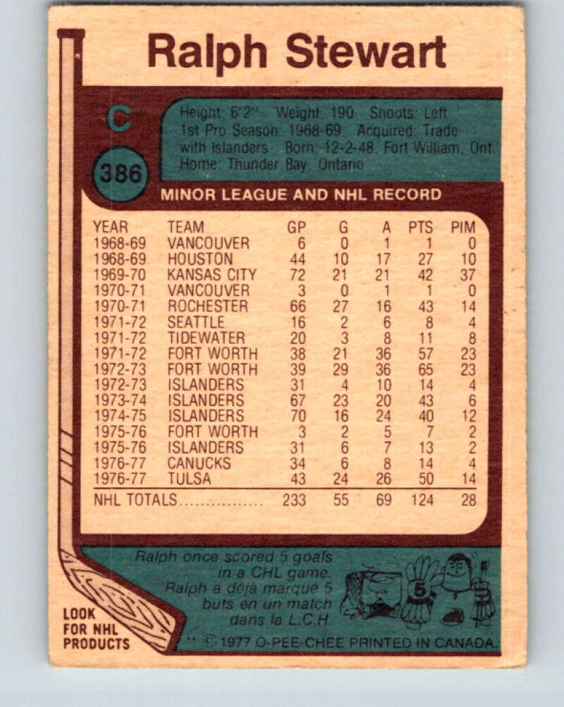 1977-78 O-Pee-Chee #386 Ralph Stewart Vancouver Canucks V15754