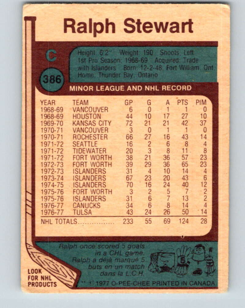1977-78 O-Pee-Chee #386 Ralph Stewart Vancouver Canucks V15755