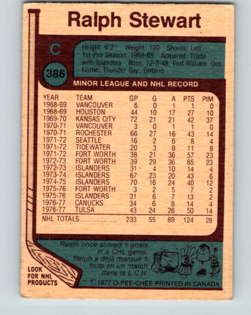 1977-78 O-Pee-Chee #386 Ralph Stewart Vancouver Canucks V15756