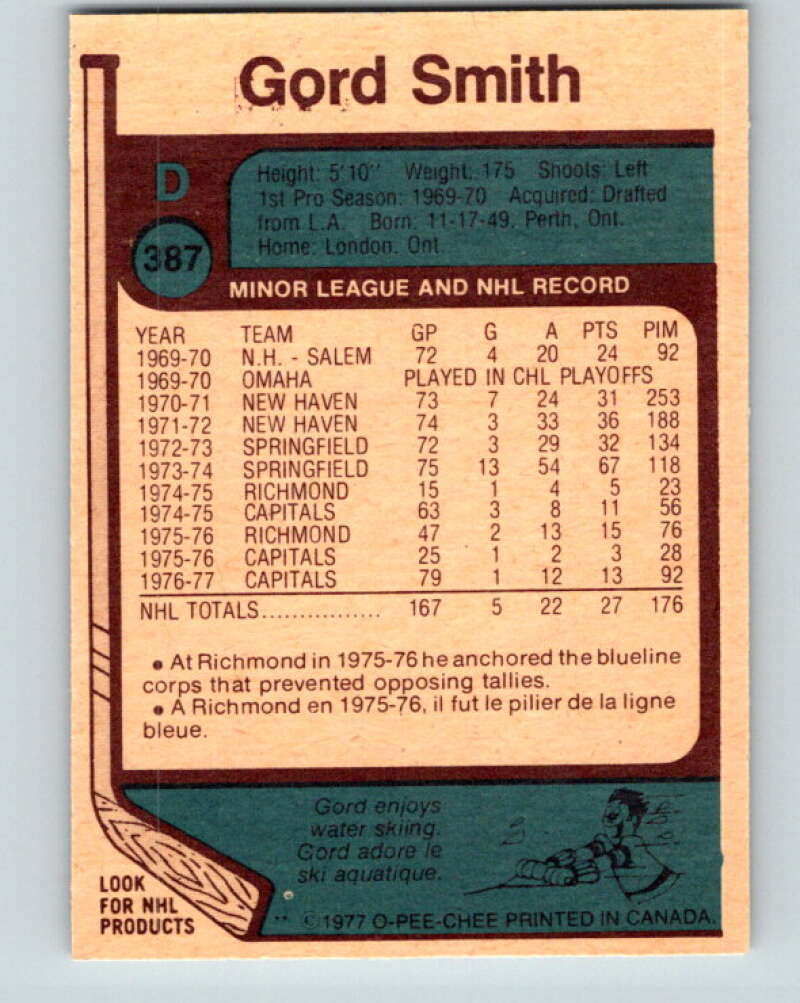 1977-78 O-Pee-Chee #387 Gord Smith Washington Capitals V15758