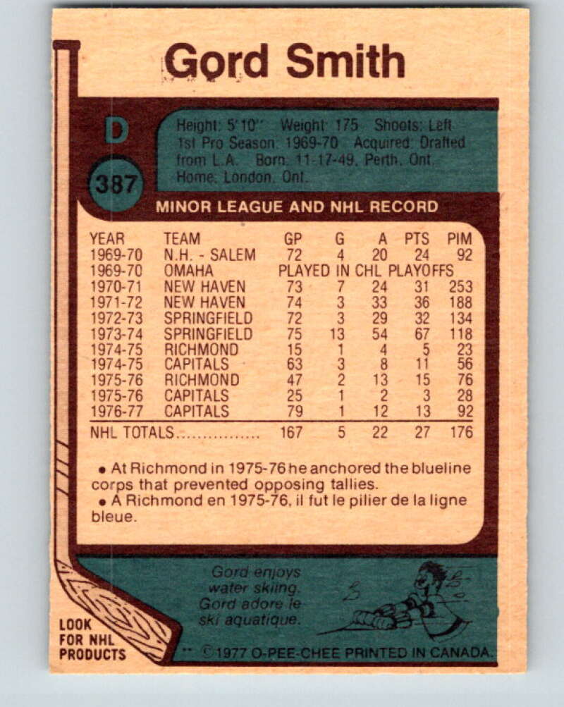 1977-78 O-Pee-Chee #387 Gord Smith Washington Capitals V15759