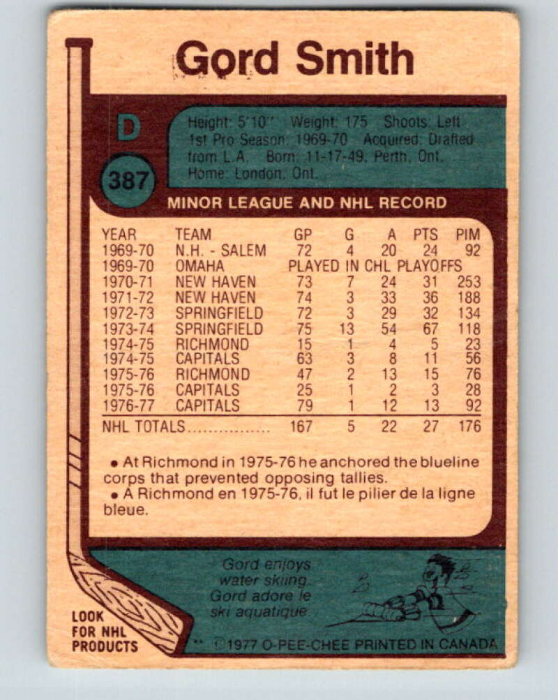 1977-78 O-Pee-Chee #387 Gord Smith Washington Capitals V15761