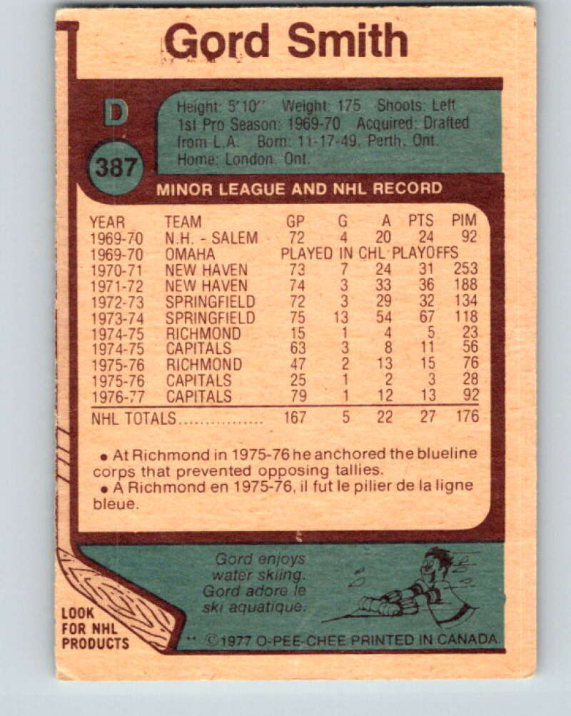1977-78 O-Pee-Chee #387 Gord Smith Washington Capitals V15762
