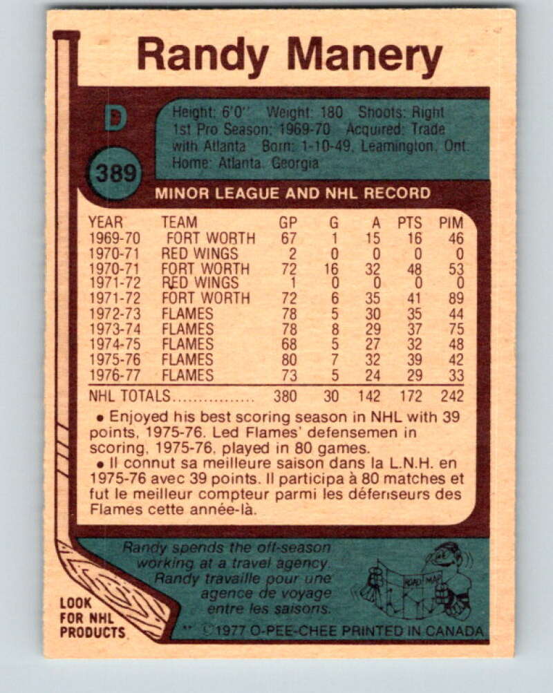 1977-78 O-Pee-Chee #389 Randy Manery Los Angeles Kings V15773