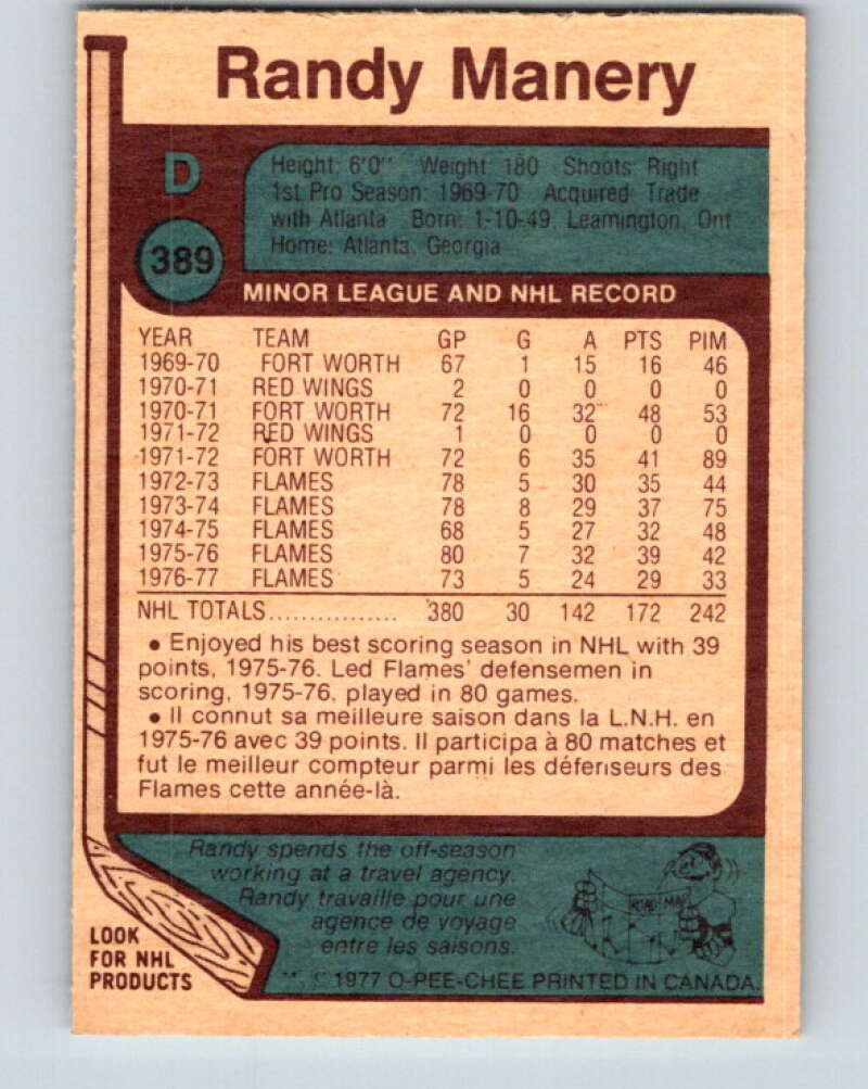 1977-78 O-Pee-Chee #389 Randy Manery Los Angeles Kings V15776