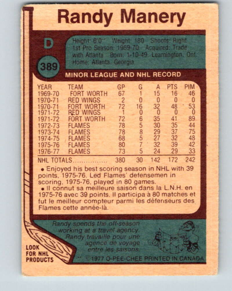 1977-78 O-Pee-Chee #389 Randy Manery Los Angeles Kings V15779
