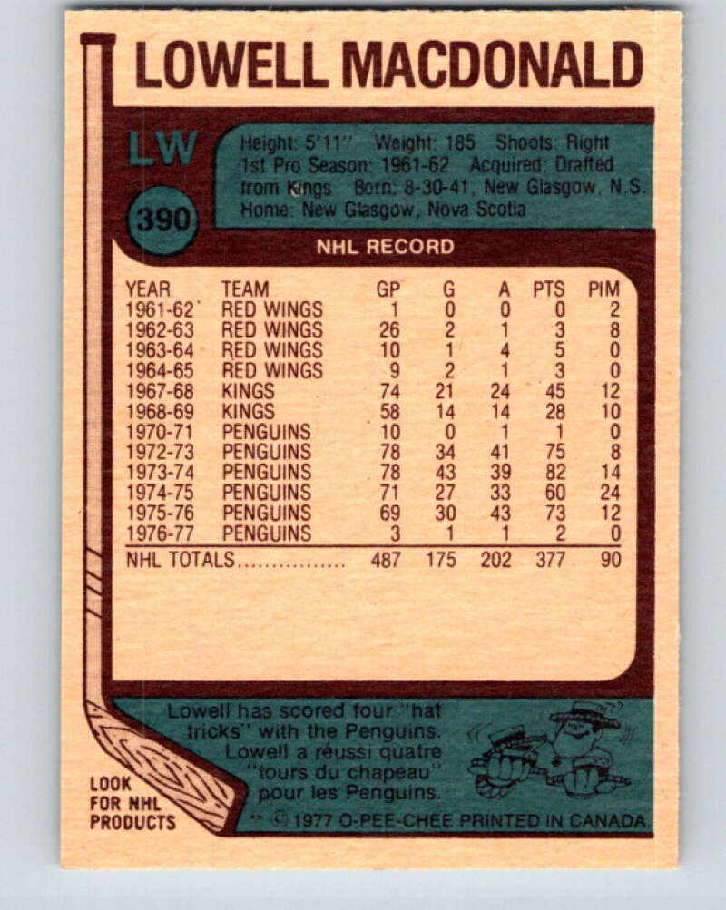 1977-78 O-Pee-Chee #390 Lowell MacDonald Pittsburgh Penguins V15781