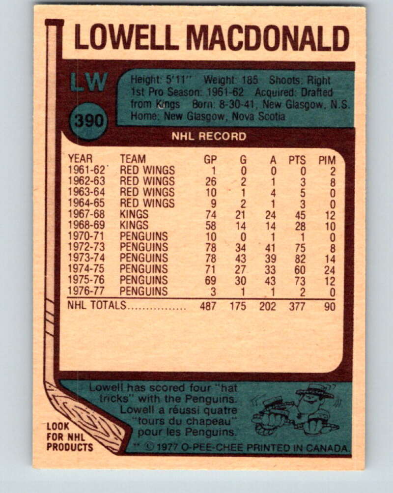 1977-78 O-Pee-Chee #390 Lowell MacDonald Pittsburgh Penguins V15782