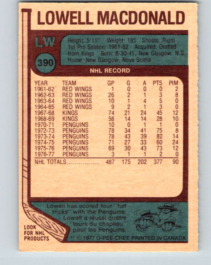 1977-78 O-Pee-Chee #390 Lowell MacDonald Pittsburgh Penguins V15783