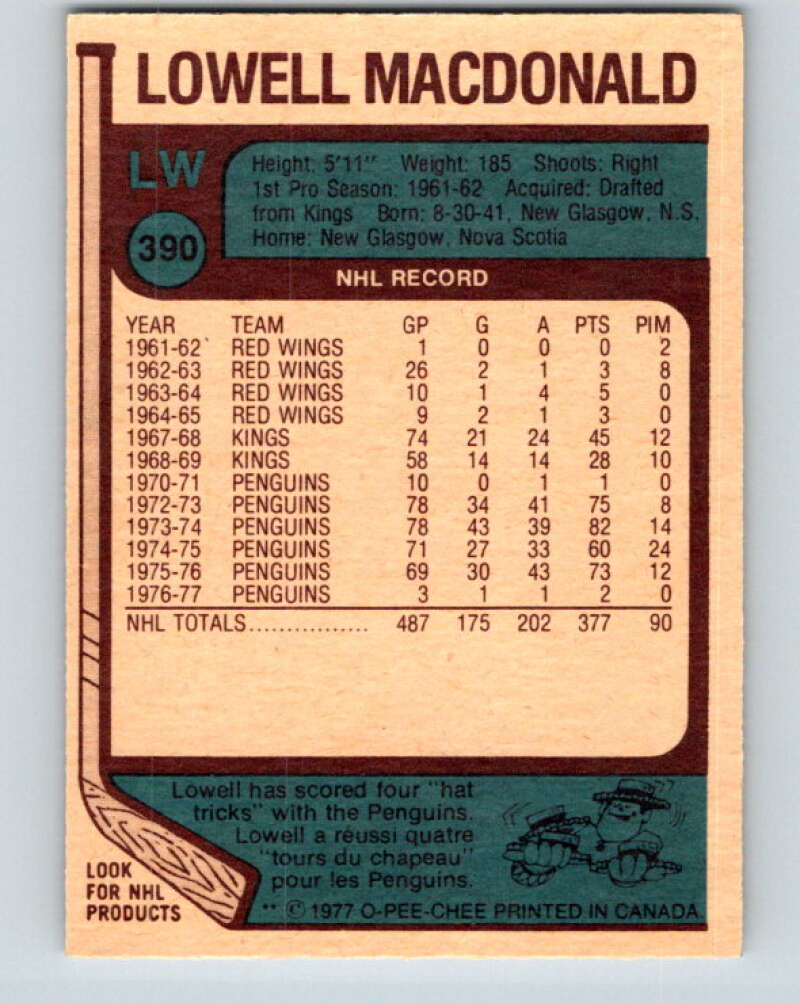 1977-78 O-Pee-Chee #390 Lowell MacDonald Pittsburgh Penguins V15784