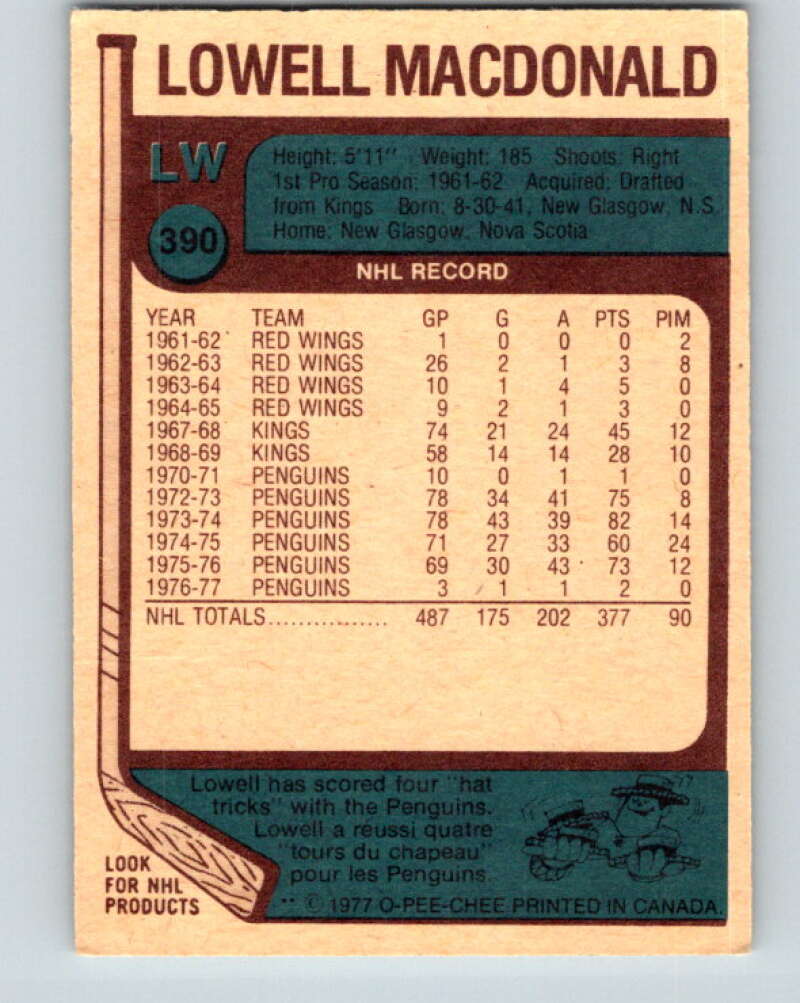 1977-78 O-Pee-Chee #390 Lowell MacDonald Pittsburgh Penguins V15785