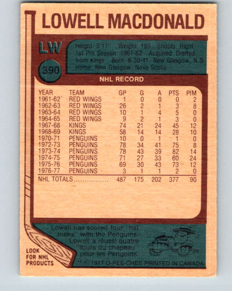 1977-78 O-Pee-Chee #390 Lowell MacDonald Pittsburgh Penguins V15786