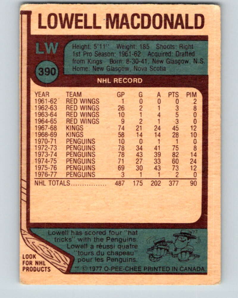 1977-78 O-Pee-Chee #390 Lowell MacDonald Pittsburgh Penguins V15787