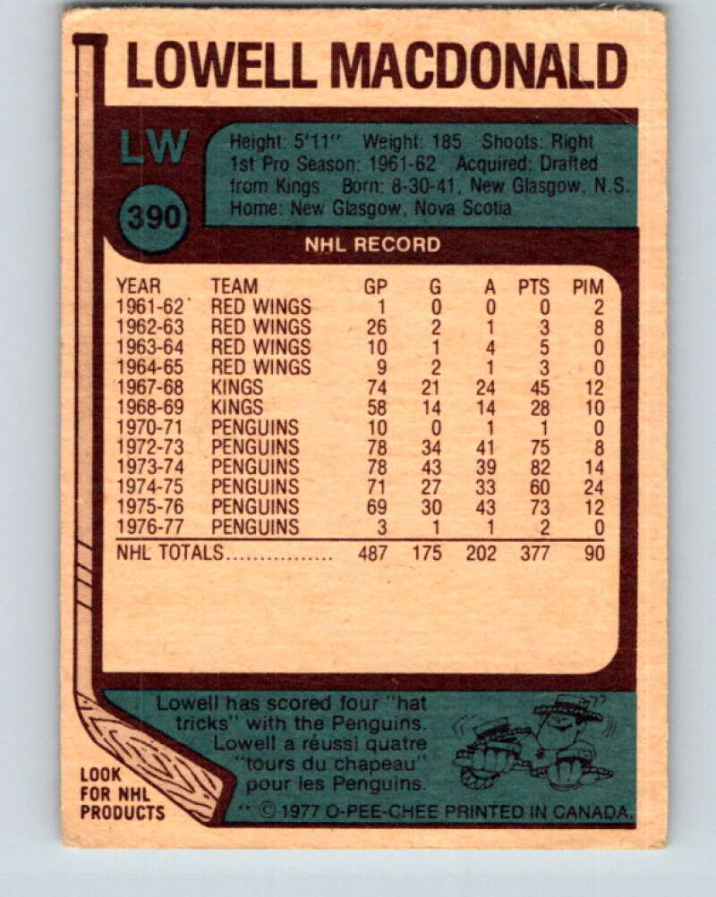 1977-78 O-Pee-Chee #390 Lowell MacDonald Pittsburgh Penguins V15788