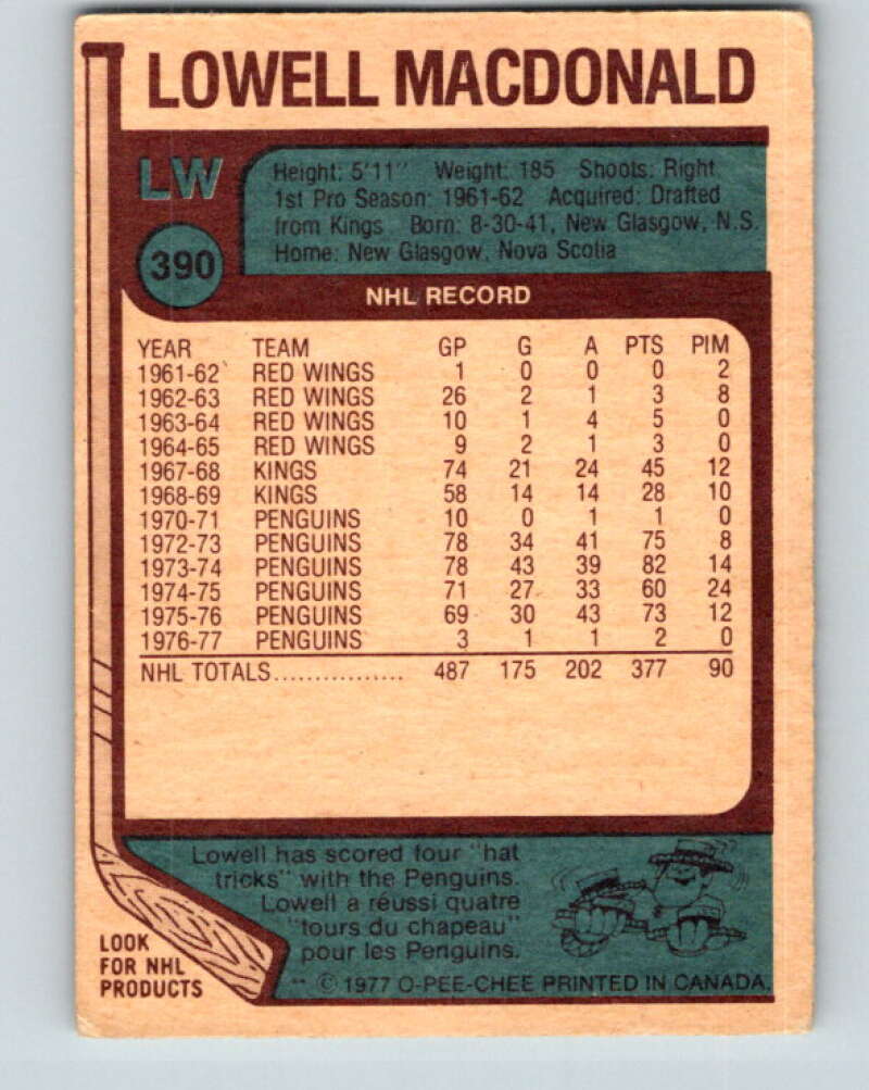 1977-78 O-Pee-Chee #390 Lowell MacDonald Pittsburgh Penguins V15789