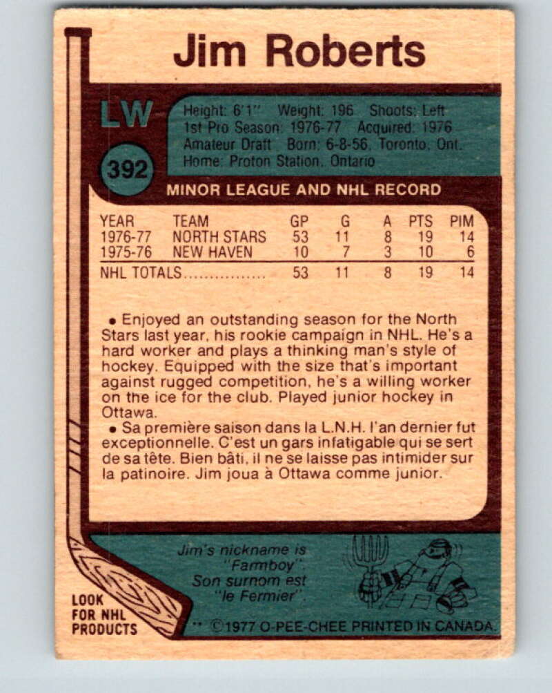 1977-78 O-Pee-Chee #392 Jim Roberts RC Rookie Minnesota North Stars V15809