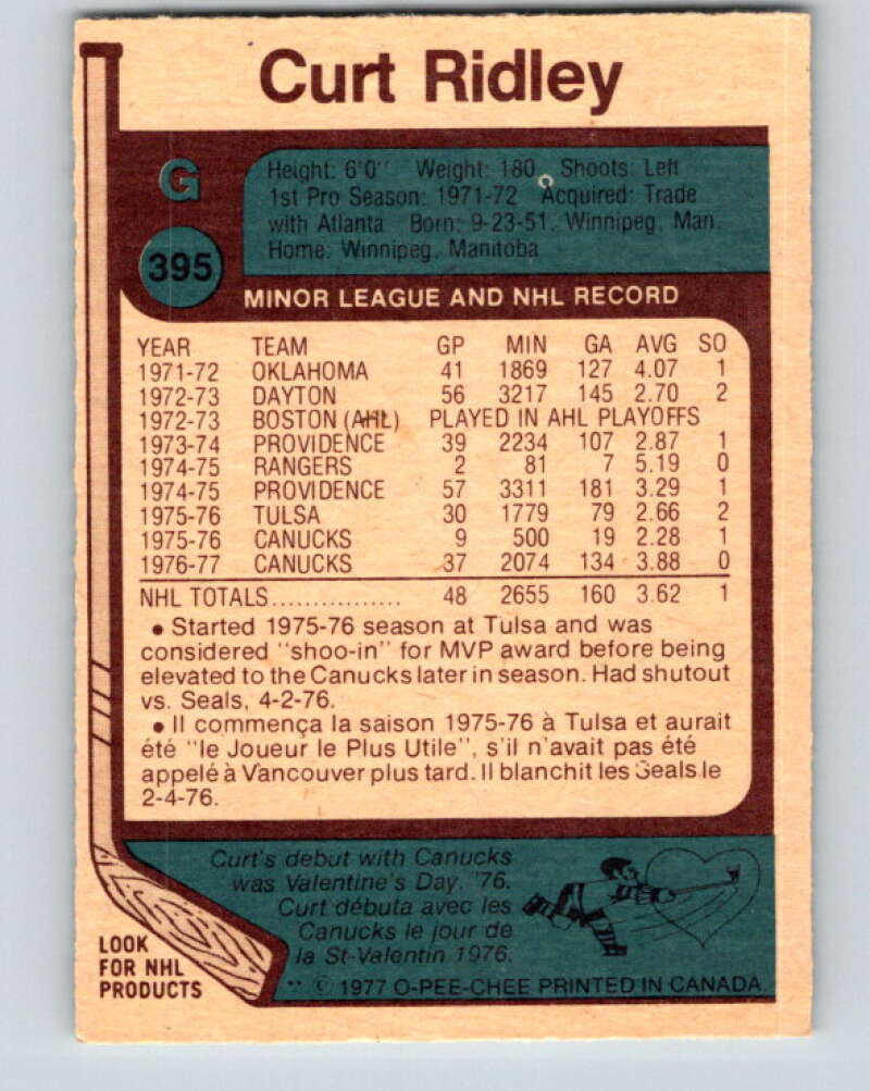 1977-78 O-Pee-Chee #395 Curt Ridley Vancouver Canucks V15834