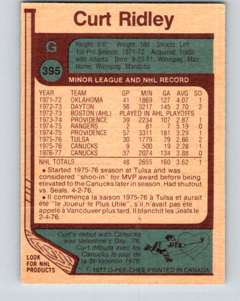 1977-78 O-Pee-Chee #395 Curt Ridley Vancouver Canucks V15835