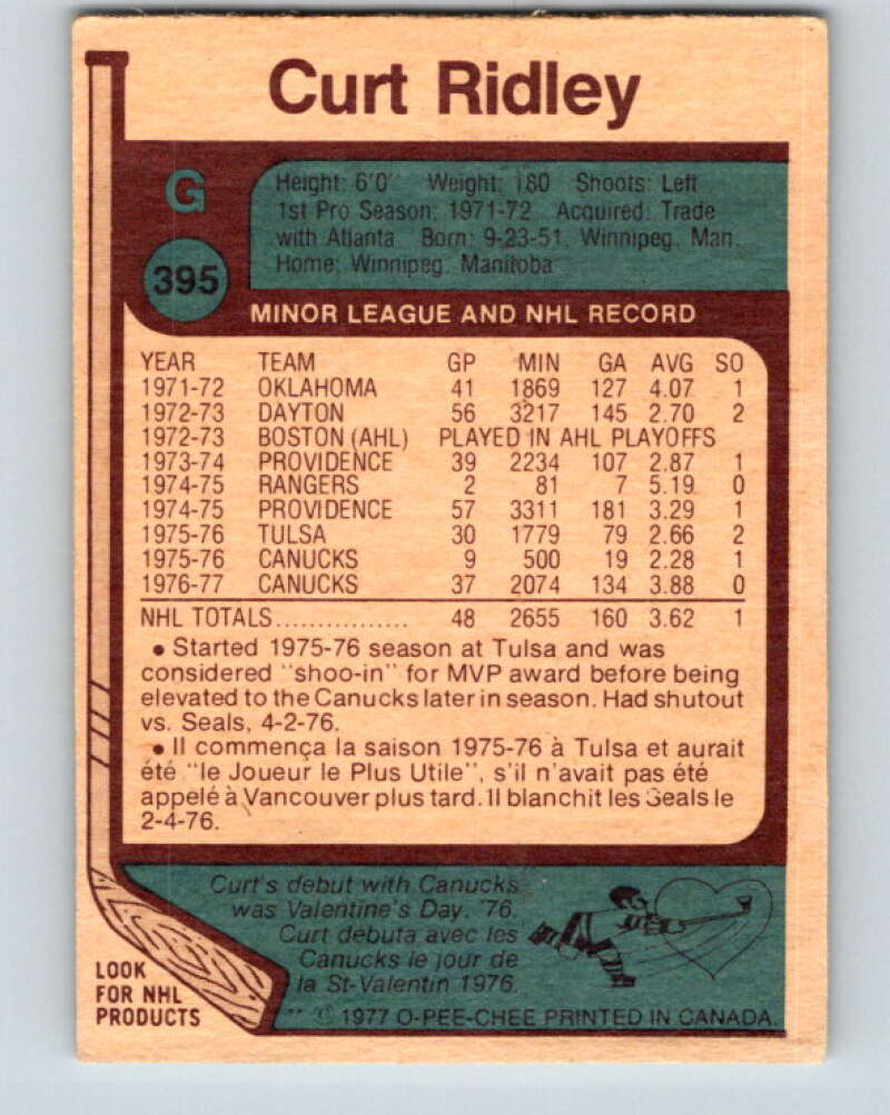 1977-78 O-Pee-Chee #395 Curt Ridley Vancouver Canucks V15837