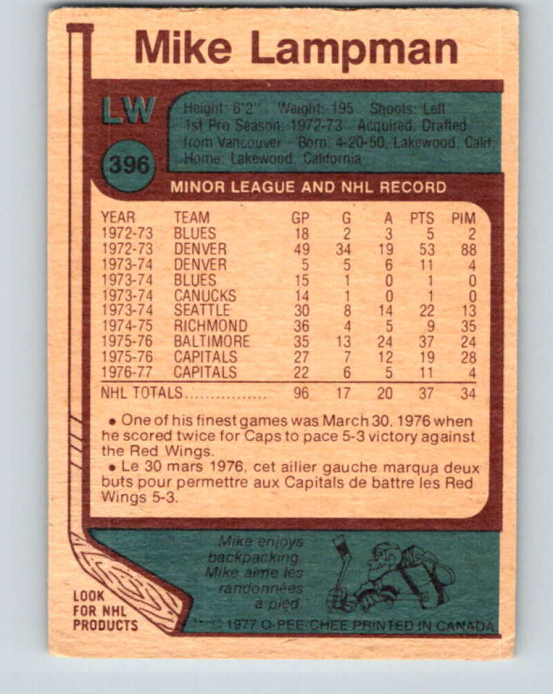 1977-78 O-Pee-Chee #396 Mike Lampman Washington Capitals V15840