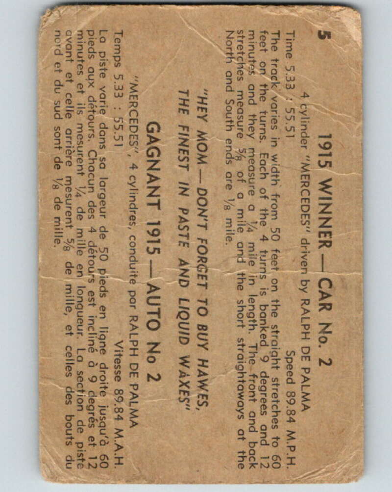 1960 Hawes Wax Indy #5 Ralph Depalma V16461