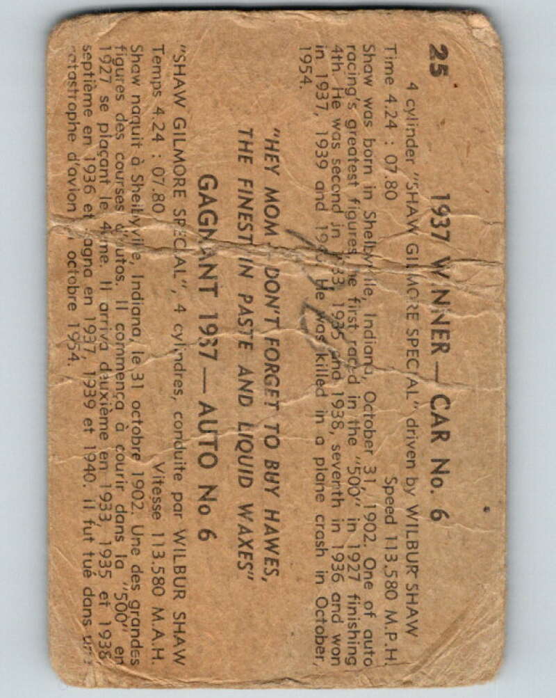 1960 Hawes Wax Indy #25 Wilbur Shaw V16462