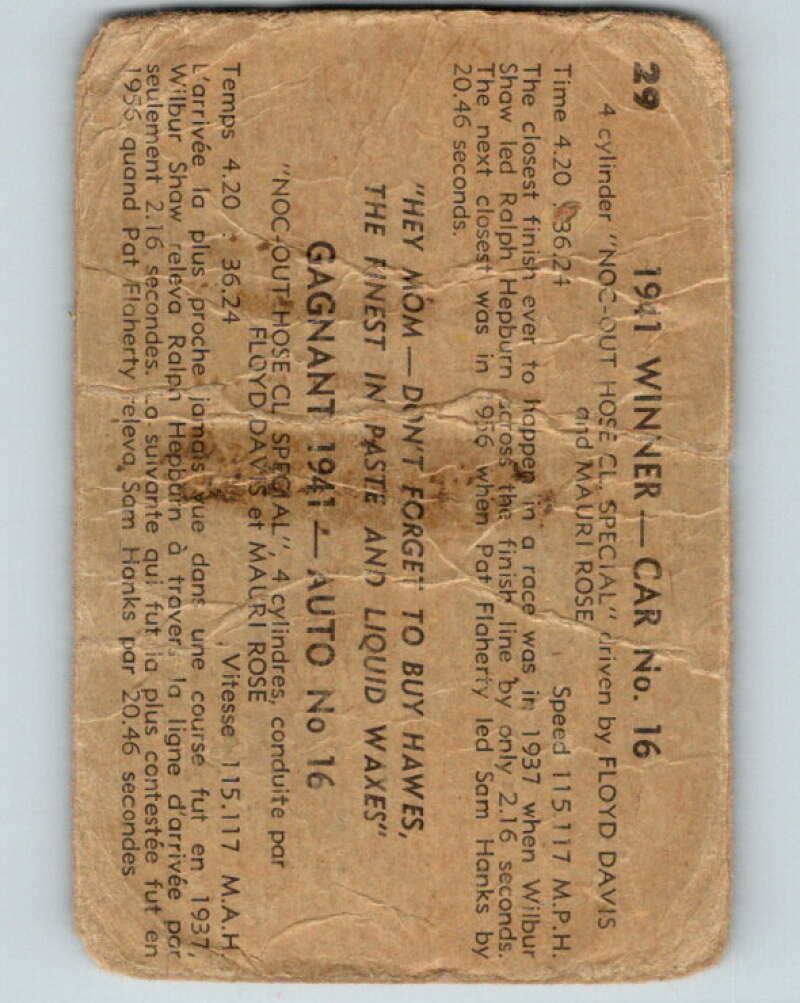1960 Hawes Wax Indy #29 Floyed Davis/Mauri Rose V16464