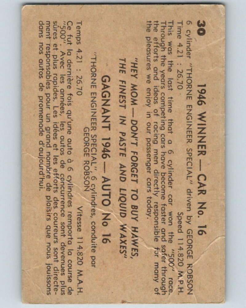 1960 Hawes Wax Indy #30 George Robson V16465