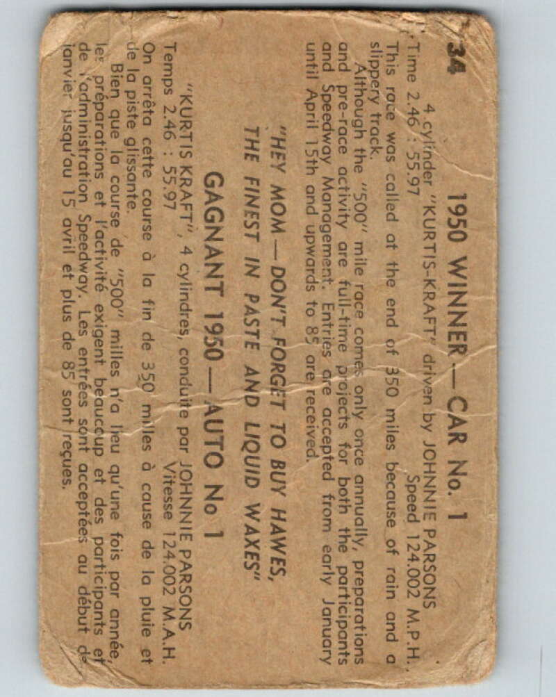 1960 Hawes Wax Indy #34 Johnnie Parsons V16466